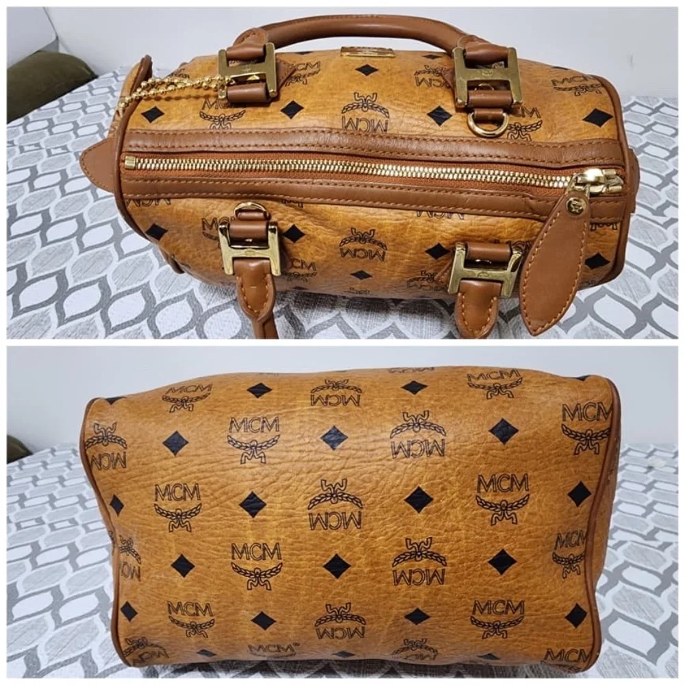 Authentic MCM Visetos Essential Boston Dog Bone Bag Cognac - Picture 7 of 11